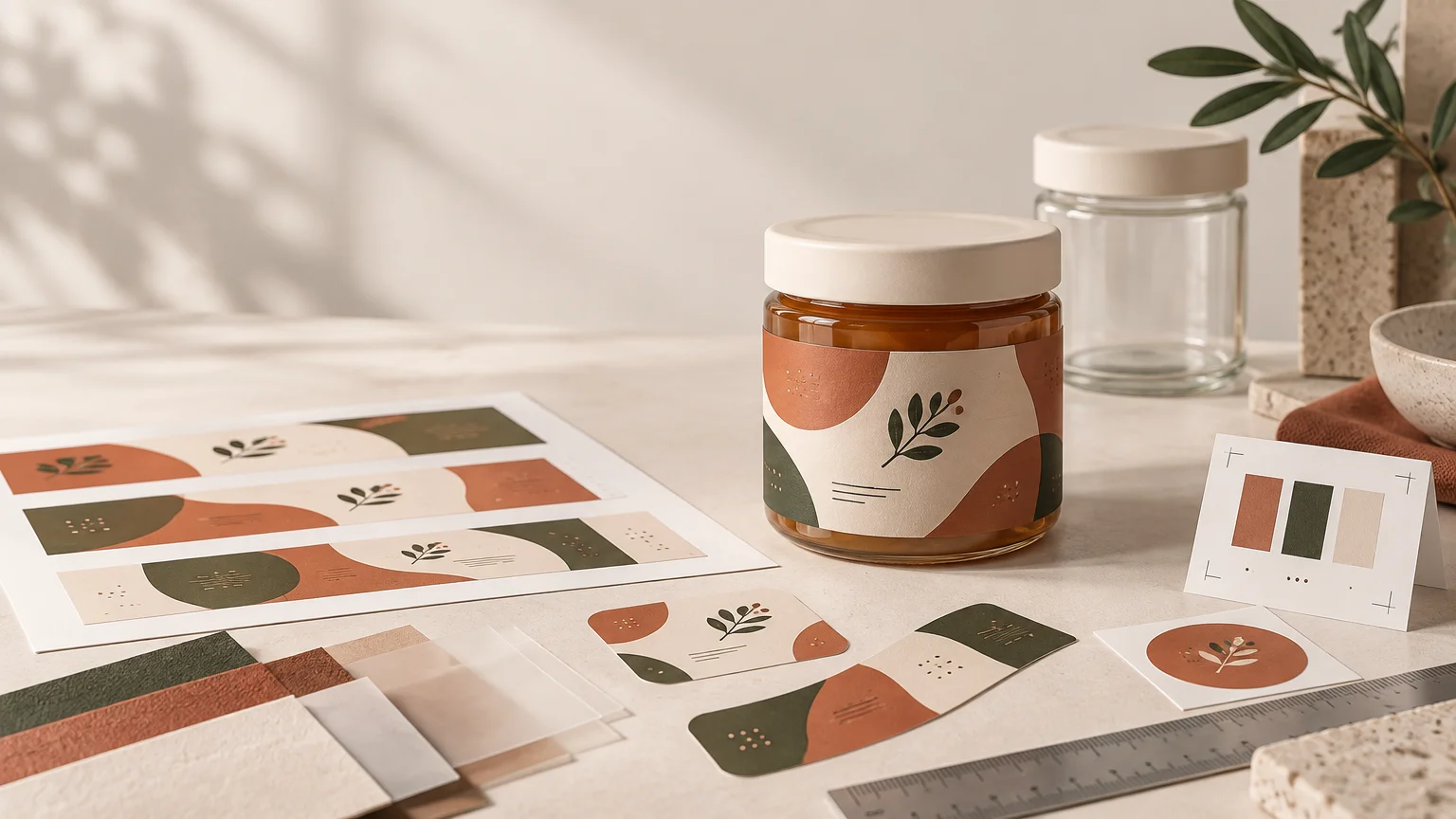 Warmly lit tabletop print-studio scene with an amber glass jar bearing a botanical abstract label, matching label proof sheets, paper and translucent material swatches, a small color proof card, and a metal ruler.