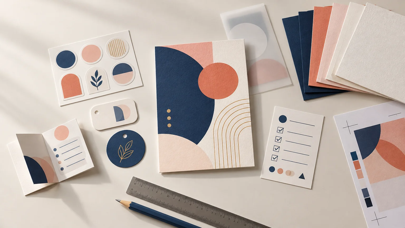 Overhead view of coordinated printed stationery and packaging samples in navy, coral, blush, cream, and gold, including a central geometric card, sticker sheet, tags, checklist-style proof cards, paper swatches, a ruler, and a pencil.