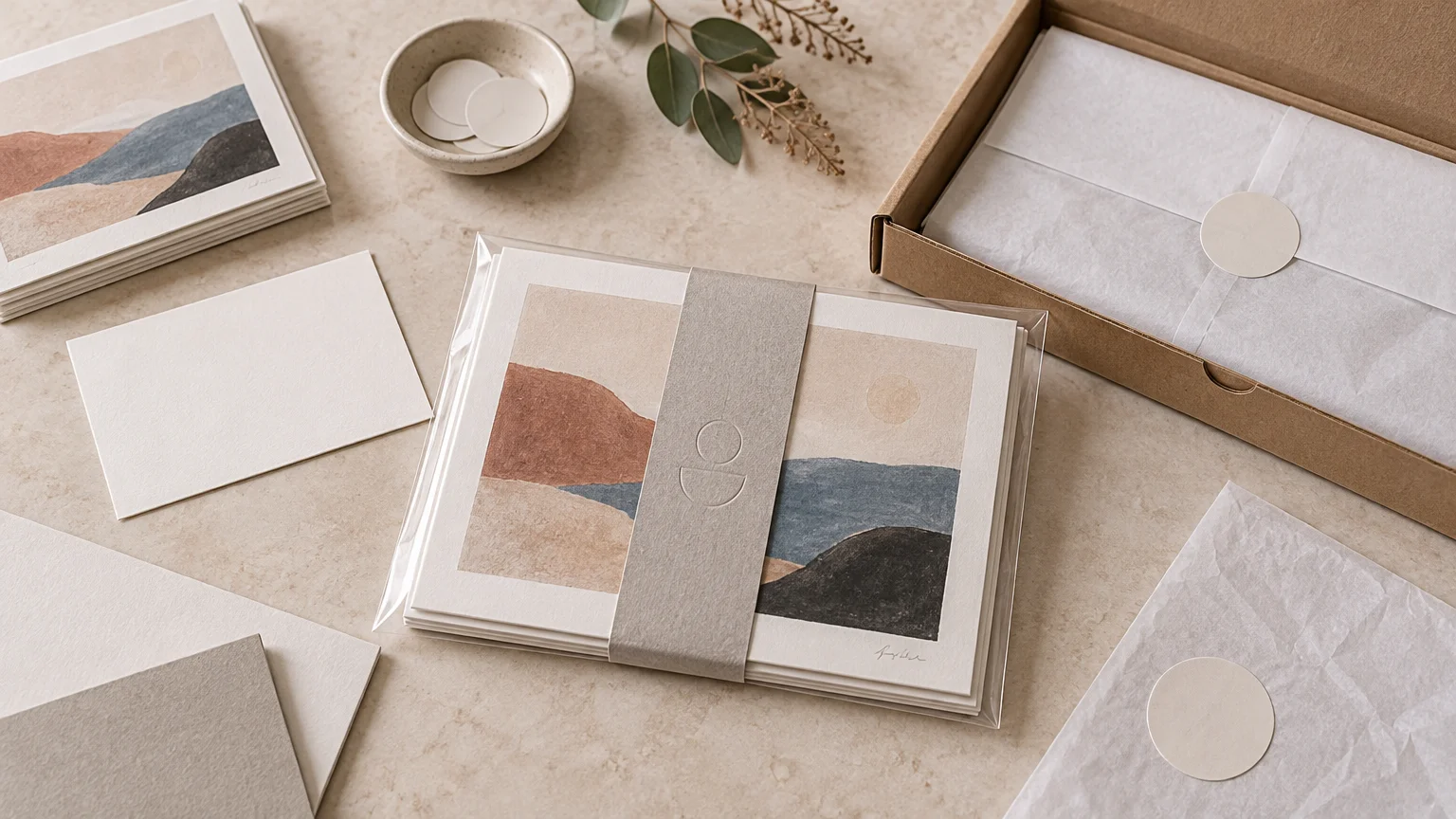 Overhead view of a coordinated art-print packaging set with stacked abstract landscape prints in clear sleeves, a gray embossed paper band, blank cards and stickers, tissue paper, and an open kraft mailer on a stone surface.