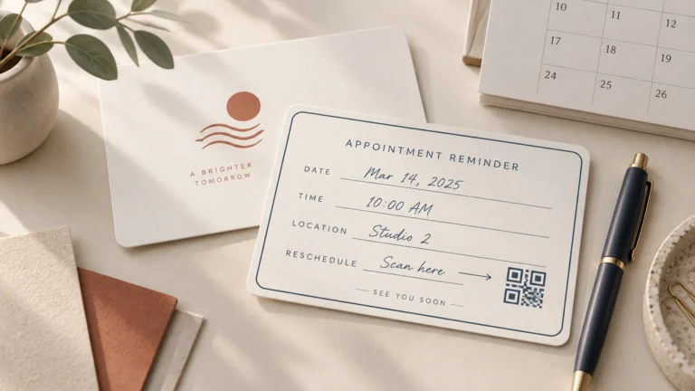 Styled desk scene showing a white appointment reminder card with handwritten date, time, Studio 2 location, and a QR-code rescheduling prompt beside a branded card, pen, calendar, plant, and paper samples.