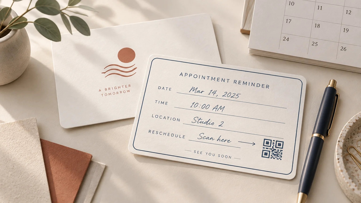 Styled desk scene showing a white appointment reminder card with handwritten date, time, Studio 2 location, and a QR-code rescheduling prompt beside a branded card, pen, calendar, plant, and paper samples.