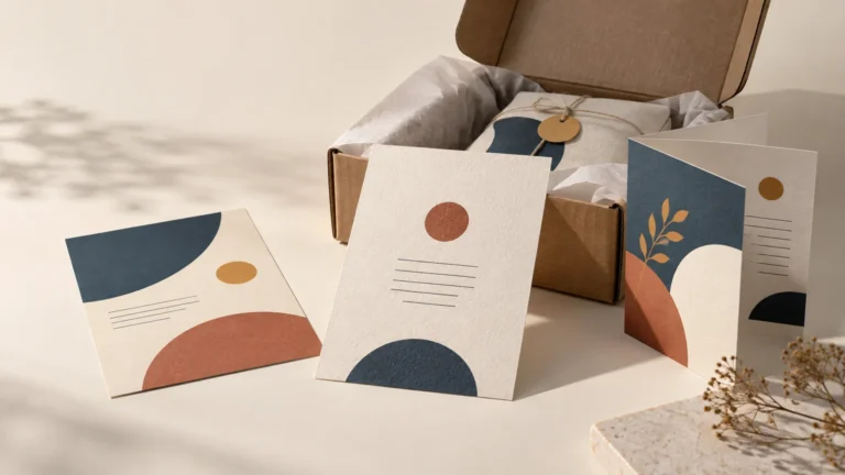 Open kraft gift box with white tissue and a wrapped item, surrounded by three coordinated abstract-design paper inserts and a folded card in cream, navy, rust, and gold tones.