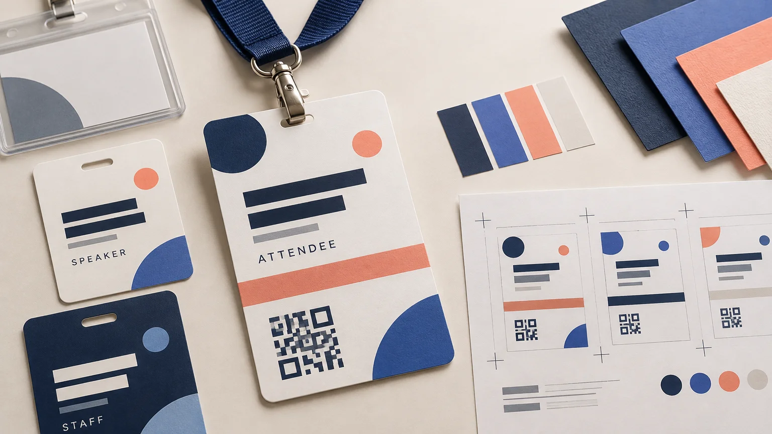 Overhead print-studio layout of navy, coral, blue, and white event badges with lanyards, role labels, QR-style codes, color swatches, paper samples, and a badge proof sheet.