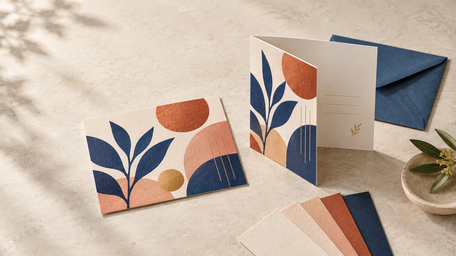 A patterned flat card and an open folded card in navy, rust, blush, and cream sit on a light stone surface beside a navy envelope, matching paper swatches, and a small leafy branch.