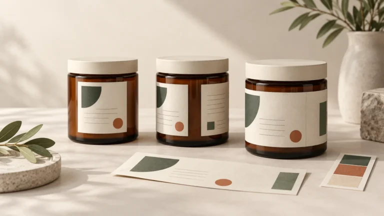 Three amber jars with cream lids demonstrate front-only, split front-and-back, and wraparound cream labels with muted green and rust geometric accents; matching label proofs and color swatches lie in front.