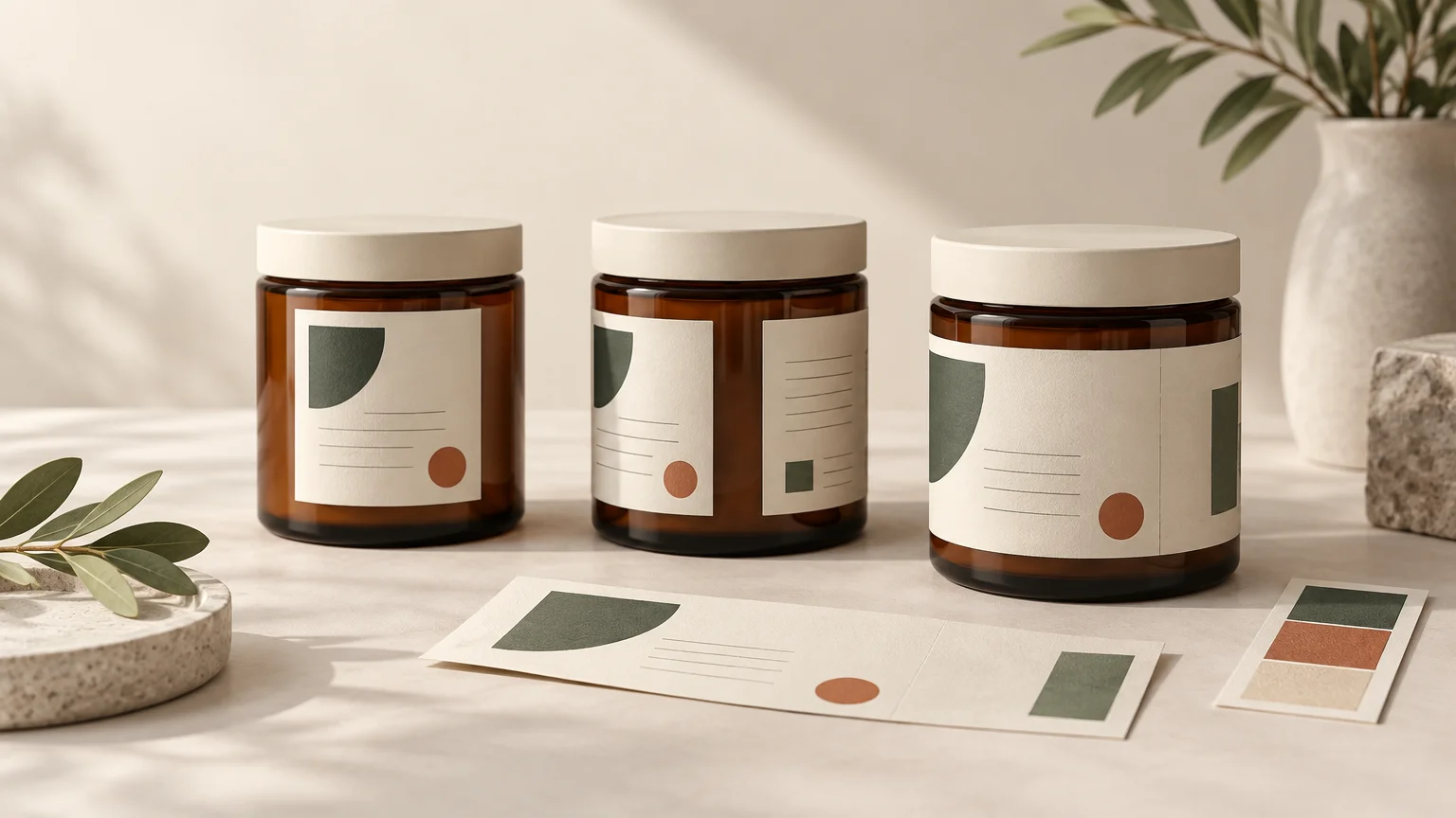 Three amber jars with cream lids demonstrate front-only, split front-and-back, and wraparound cream labels with muted green and rust geometric accents; matching label proofs and color swatches lie in front.