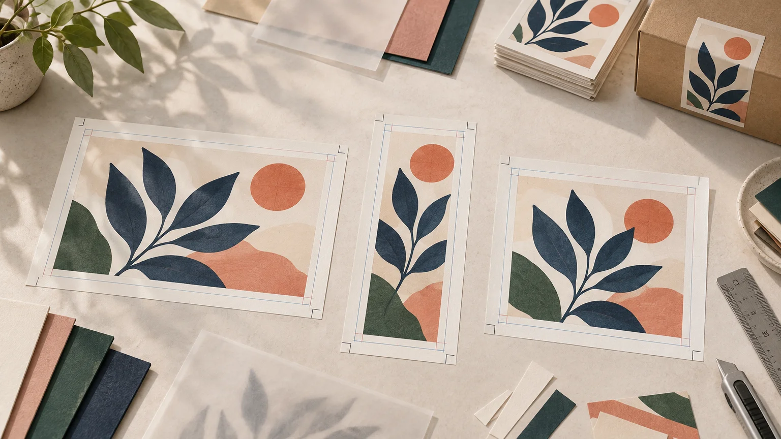 Overhead view of three botanical art prints in landscape, portrait, and square-like formats, each surrounded by crop marks and colored bleed guides, arranged on a sunlit print studio table with paper swatches, stacked cards, a labeled box, ruler, and craft knife.