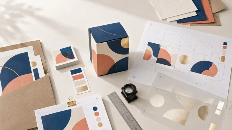 Overhead view of coordinated packaging artwork materials: a patterned carton, dieline proof sheets, color swatches, paper samples, foil test pieces, a metal ruler, and a magnifying loupe.