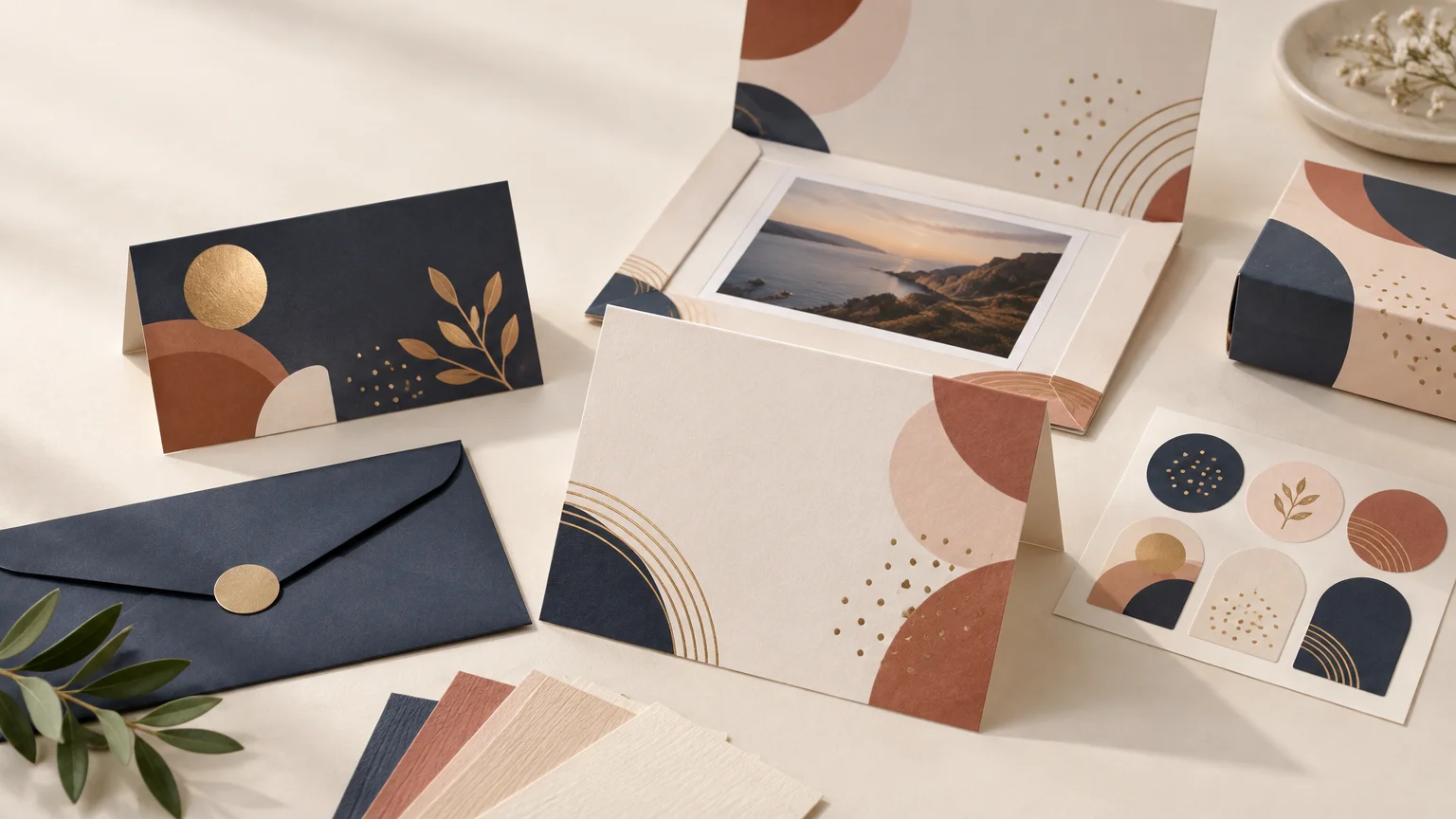 Coordinated navy, terracotta, cream, and gold printed stationery arranged on a light tabletop, including folded cards, a sealed envelope, a landscape photo insert, sticker sheet, box, and paper swatches.