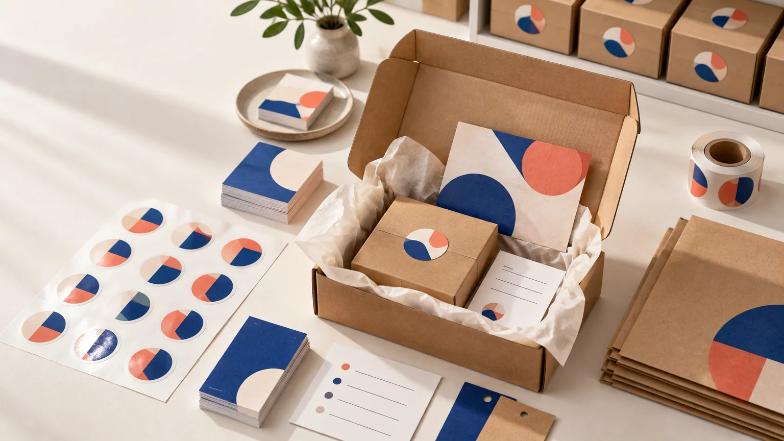 Warmly lit tabletop display of coordinated fulfillment materials: an open kraft shipping box with tissue, printed insert and small inner box, surrounded by matching sticker sheets, cards, labels, mailers, and stacked branded boxes.