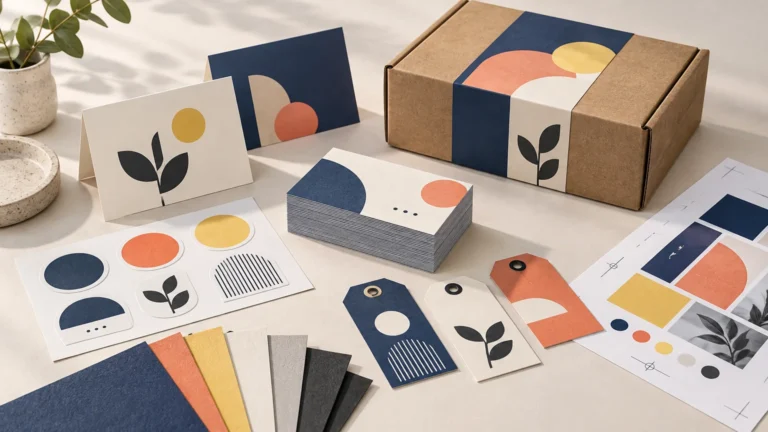 Styled overhead view of coordinated print materials on a light tabletop, including folded cards, sticker sheets, hang tags, paper swatches, a stack of cards, a proof sheet, and a kraft box wrapped with a geometric paper band.