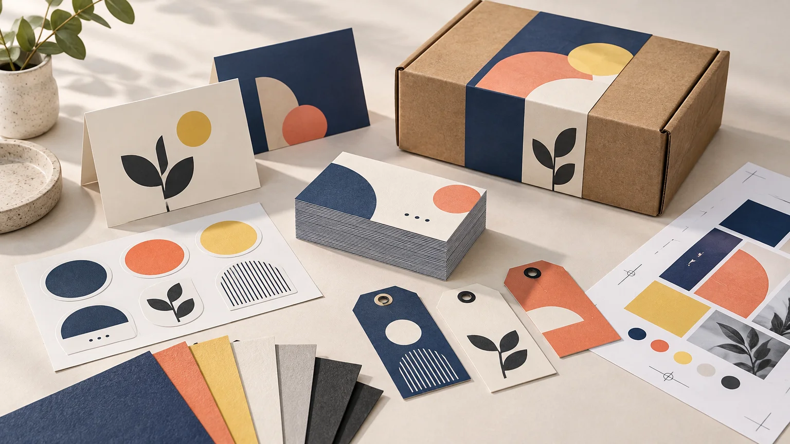 Styled overhead view of coordinated print materials on a light tabletop, including folded cards, sticker sheets, hang tags, paper swatches, a stack of cards, a proof sheet, and a kraft box wrapped with a geometric paper band.