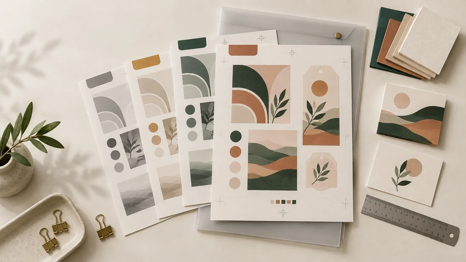 Overhead view of several coordinated print proof sheets with earthy green, tan, and rust graphic designs, color swatches, crop marks, sample cards, paper stacks, binder clips, a metal ruler, and a small potted plant on a light worktable.