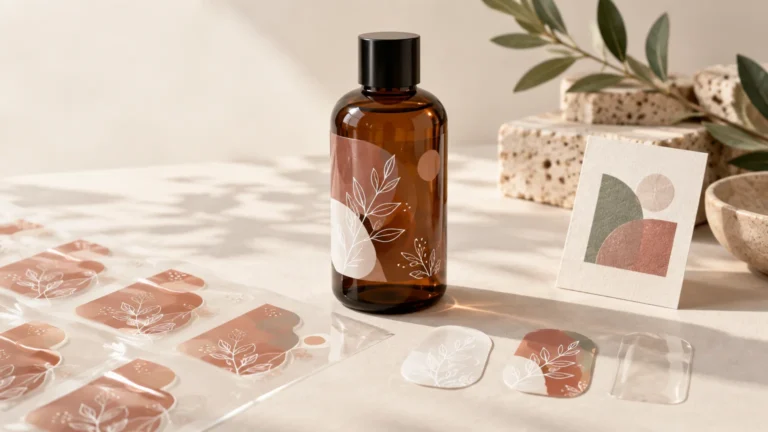 Amber glass bottle with a black cap, wrapped in a translucent terracotta-and-white botanical label, surrounded by clear sticker sheets, loose transparent labels, and a small abstract printed card on a sunlit tabletop.